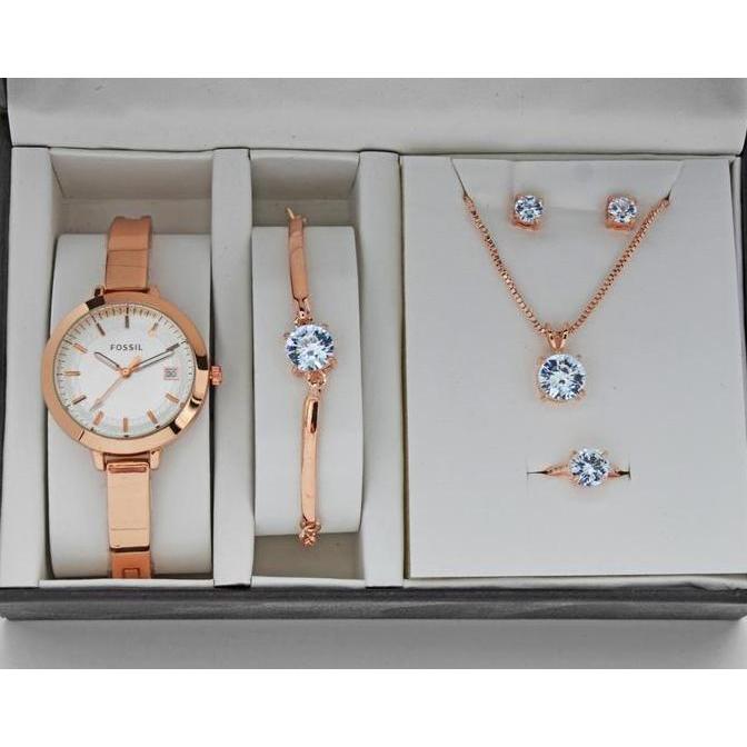 Jam tangan wanita fossil paket plus gelang cincing anting kalung
