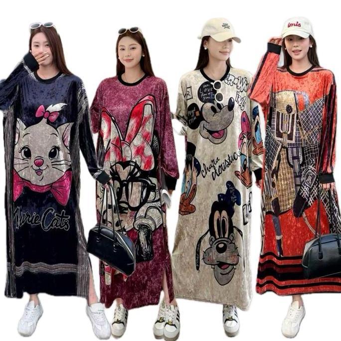 Long Dress Velvet bludru lengan panjang Motif jumbo Wanita