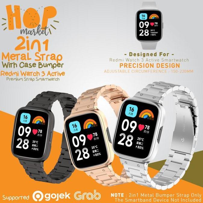 NEW METAL 2IN1 STAINLESS STRAP FOR REDMI WATCH 3 ACTIVE WITH BUMPER FRAME CASE (TALI JAM XIAOMI MI W