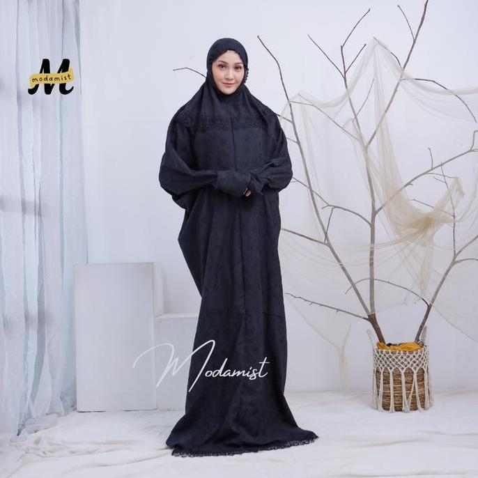 Mukena Terusan Katun Paris Bordir Hitam Renda Kalung