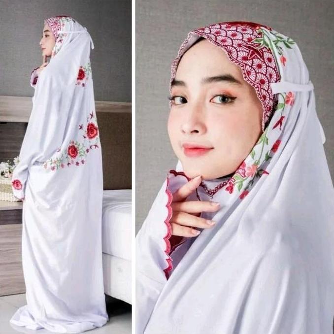Mukena Lajur Terusan Putih Jumbo Bordir Bunga Simpel Elegan Katun Polino Super Premium Adem - Mukena