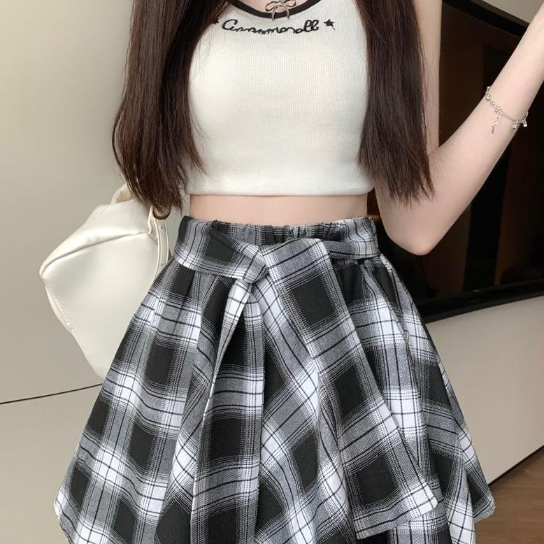 BIG PROMO S-2XL Rok Pendek Pinggang Tinggi Ala Korea Rok Pendek Kemeja Kotak-kotak Rok Pendek Tidak 