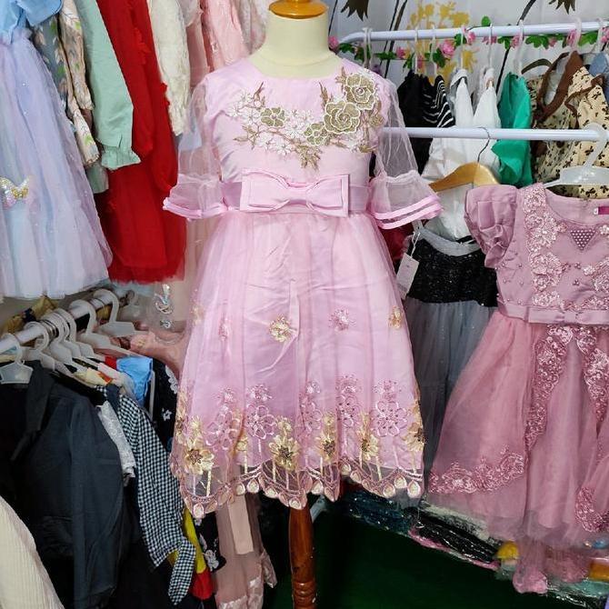 Gaun Dress tile anak bunga bordir mutiara cantik premium 4-7/8hn