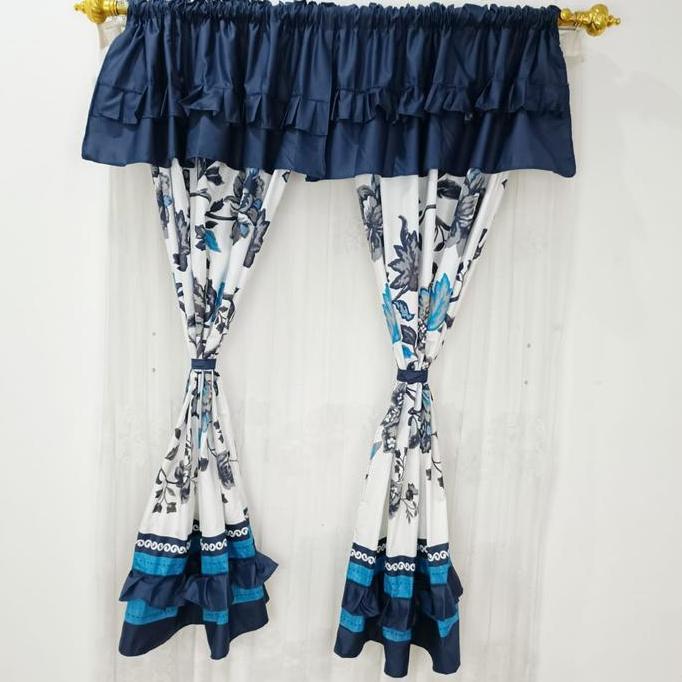 Promo Bl Gorden Jendela - Hordeng Kamar Aesthetic - Korden Serut Tinggi 150 Motif Bunga Biru Cod