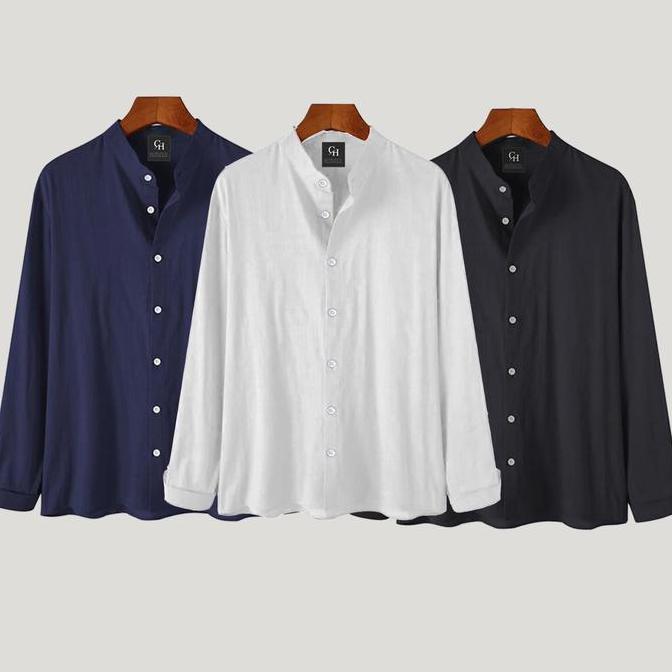 New Baju Koko Pria Dewasa Lengan Panjang Putih Kemeja Muslim Pria Casual Polos Bahan Cotton Tebal