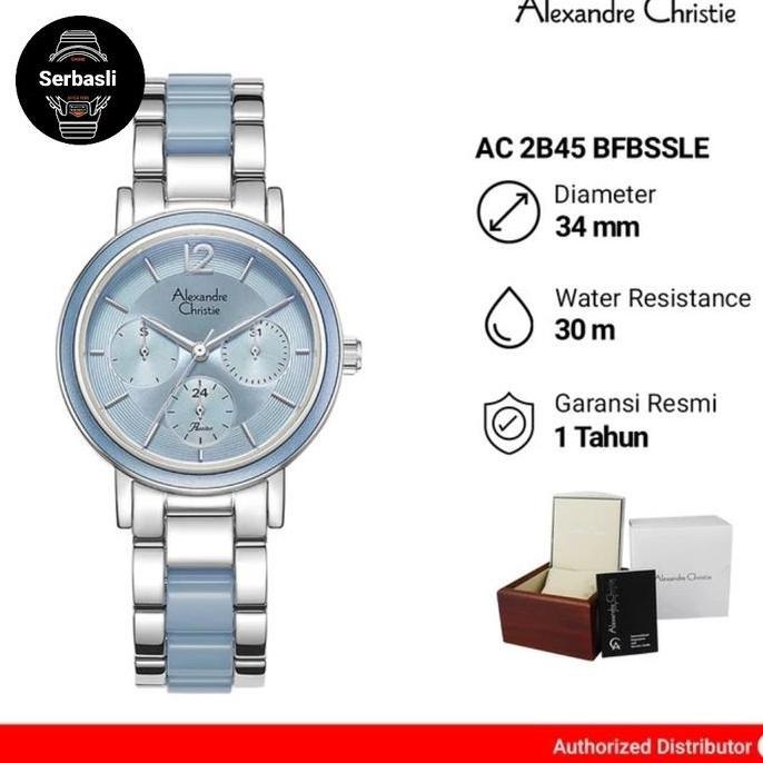 New Jam Tangan Wanita Alexandre Christie Multifunction AC 2B45 BFBSSLE Blue Dial Silver Dual Tone St