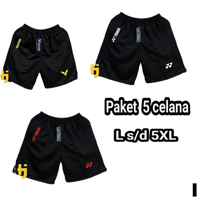 KEKINIAN (Paket grosir 5pcs )Celana Pendek Olahraga Badminton Pria Wanita Dewasa Jumbo Kain Hitam Lo