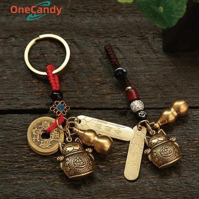 AHROKA Gantungan Kunci Kuningan Kucing Hoki Coin Lucky Cat Gantungan Kunci Cina Gantungan Kunci Mobi