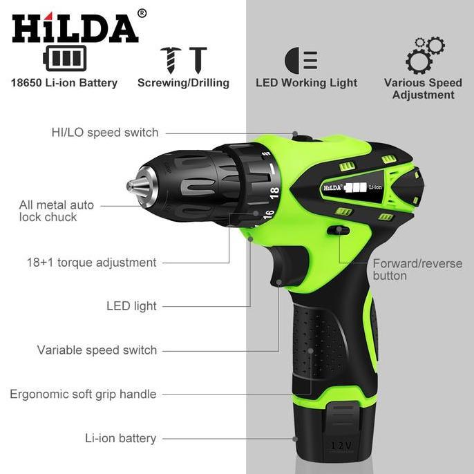 IYLBISC mesin bor baterai 10mm 12v HILDA 12v Cordless drill