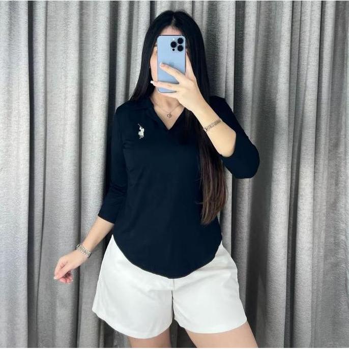 DISKON Karina Bordir - Kaos Bordir Kerah V Lengan Panjang 7/8 - Atasan Baju Polo Oversize Berkerah W