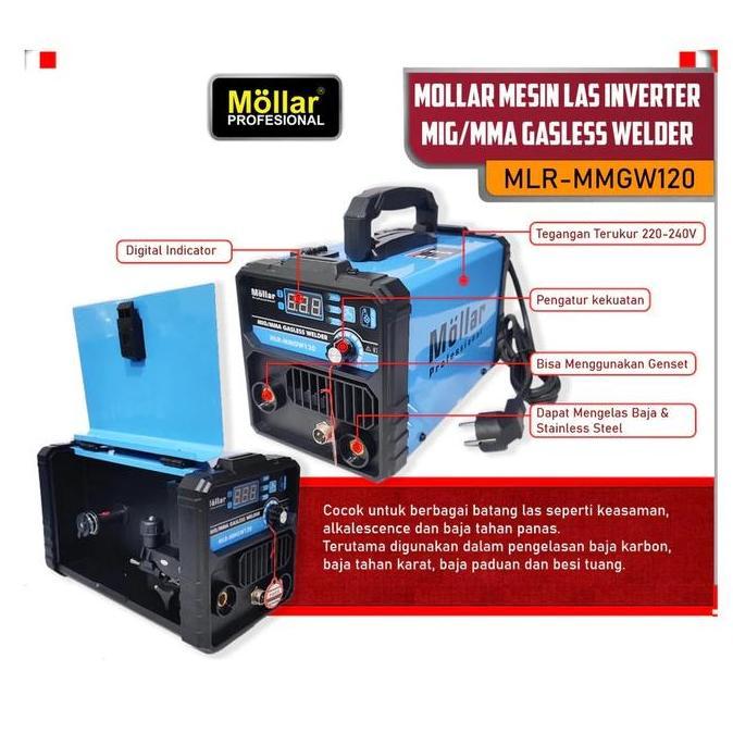 YOGSIXO mesin las Mig inverter digital 2in1 MOLLAR MMGW120 travo las MIG + MMA 120A Gasless Tanpa ga