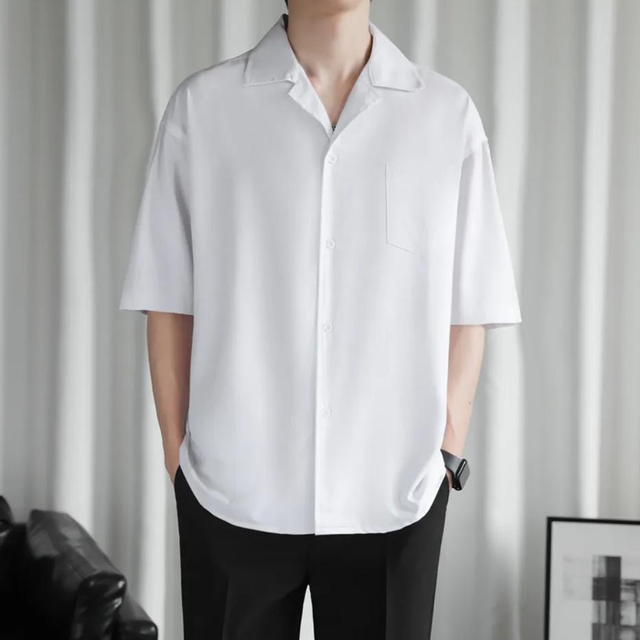 PROMO Kemeja Baju Pantai Pria Korean Style Hawai Polos Hitam Putih Navy Maroon Abu-abu Katun Rayon
