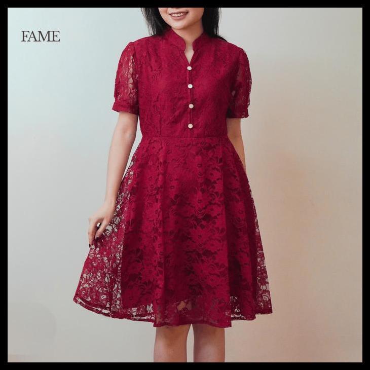 Best Seller Ii Fame | 9511079 | Buttoned Puff Sleeve LaceDress | Dress Brokat A-Line Wanita Kerah Ti