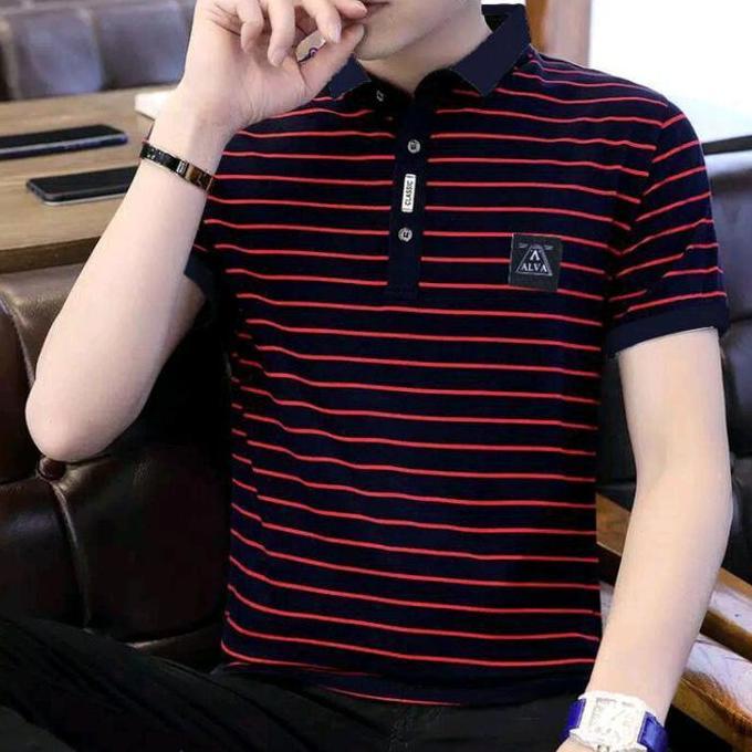 Kaos Garis Ll  Baju Kaos Pria Dewasa Berkerah Cotton Cvc Distro Pendek Salur