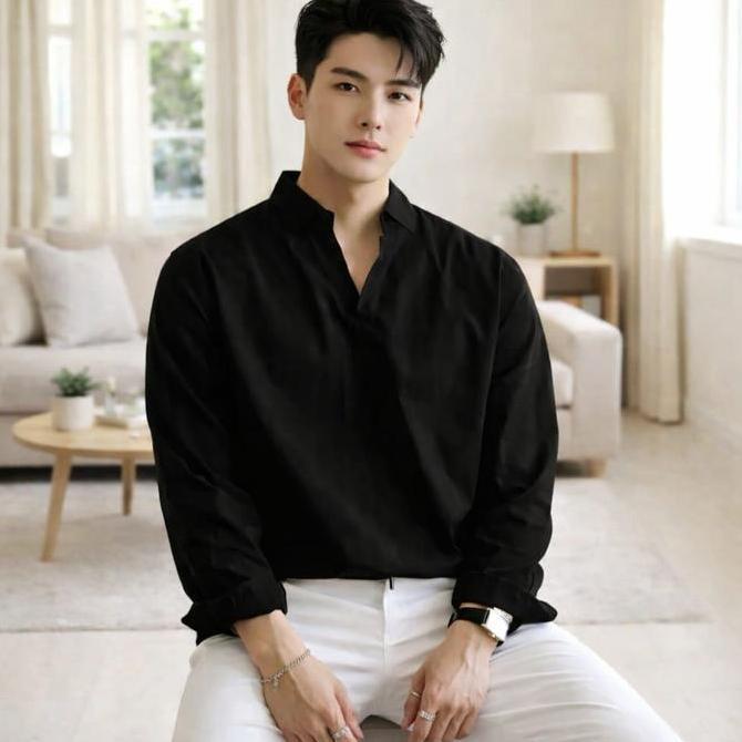 Kemeja Pria V-Neck Polos Lengan Panjang Marison / Atasan Kemeja Pria V-Neck Casual Lengan Panjang Ko