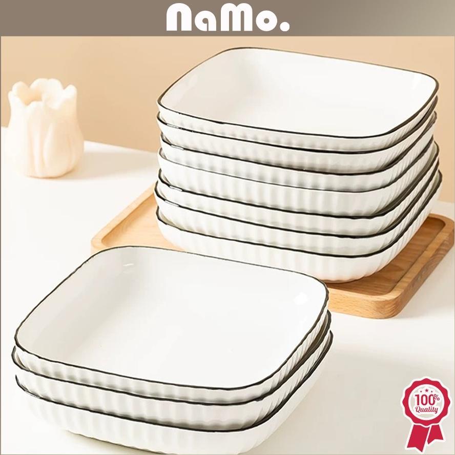 Cuci Gudang Namo Gift - Piring Makan Kotak Keramik Putih List Black Yamada Style/ Piring Persegi Jap