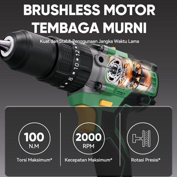 Sale Isku 21V Brushless Lithium Mesin Impact Drill 100N.M Torsi Besar Tangan 3In1 Cordless Drill Unt