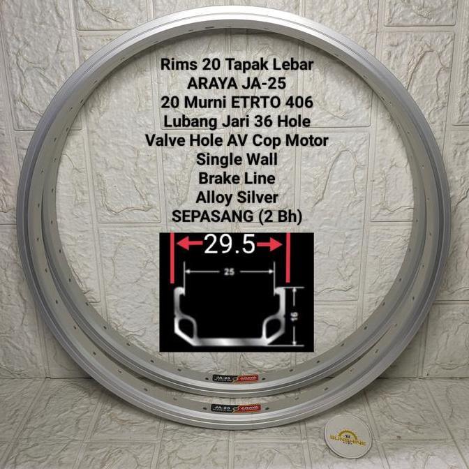 Rims Velg BMX 20 Murni ARAYA JA25 ETRTO 406 Lubang 36H Rim Alloy Single Wall Tapak Lebar Silver Sepe