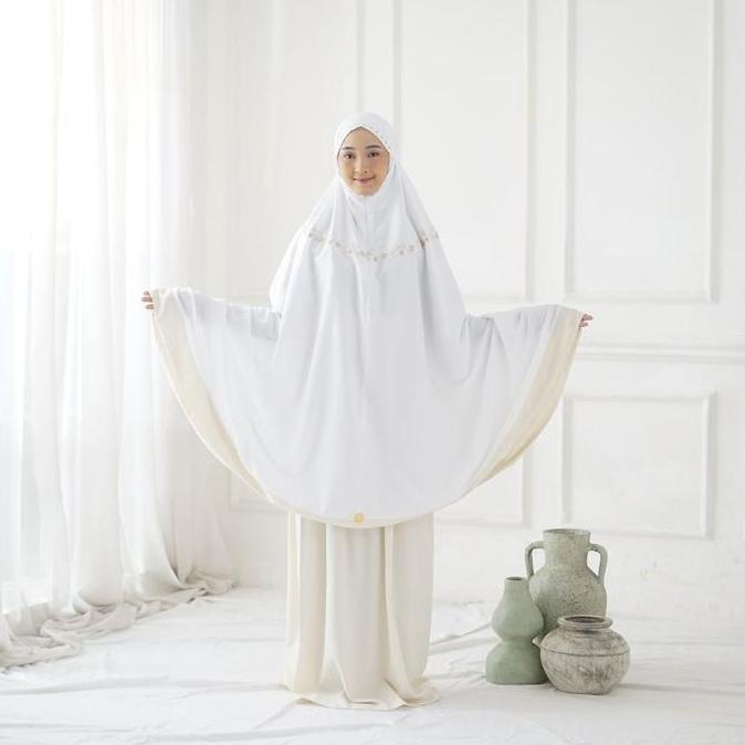 Mukena Santri Gontor - Aisyah Series Putih - Krem Bordir Bonus Sajadah / Mukena Gontor