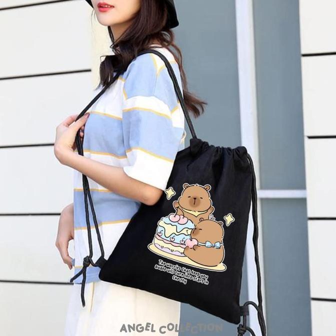 String Bag Tas Serut Hitam 100% Kanvas Capybara Aesthetic Ukuran 30x40