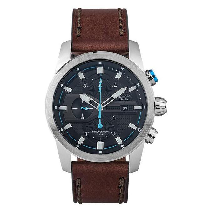 Jam Tangan Pria Alexandre Christie AC 6562 MC LSSBABU Chronograph Men Black Dial Brown Leather Strap
