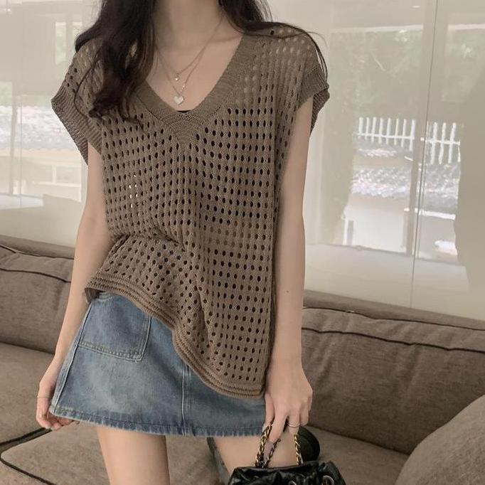 Outer Knit Lengan Bahu Korea Style Hollow Atasan Rajut Wanita Dewasa Jaring Bolong Baju Top Knitwear