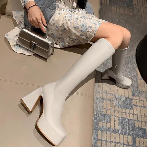 Ready Pinkey P295 Boots Panjang Wanita Heels 10Cm Platform Hitam Putih