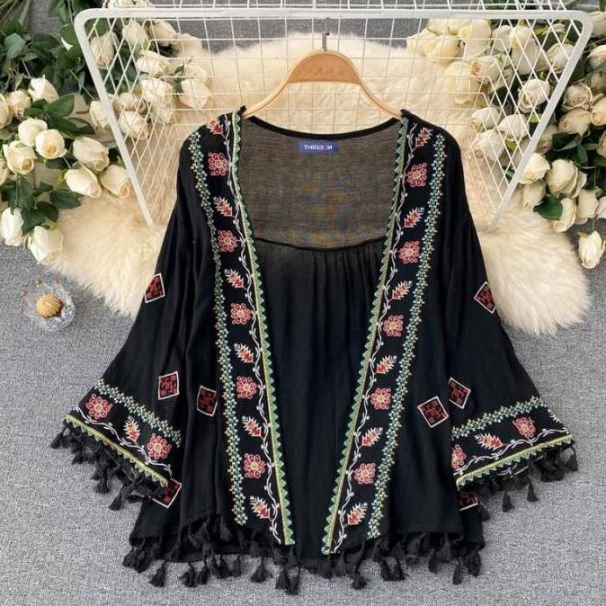 Outer Kimono Boho Tassel Baju Luaran Wanita Lengan Panjang Bohemian Cardigan Kardigan TSY