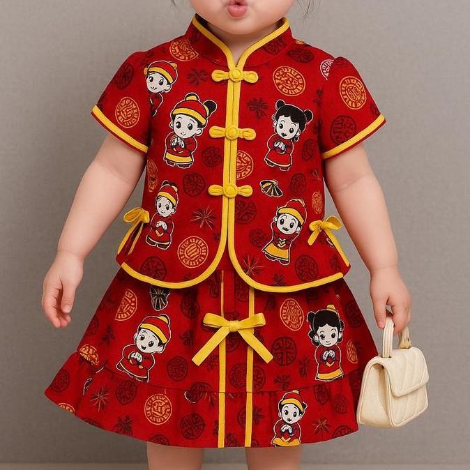 Happykid- Setelan Baju Cina Rok Anak Cewek Paling Terlaris//Baju Imlek Anak Paling Termurah Motif Fa
