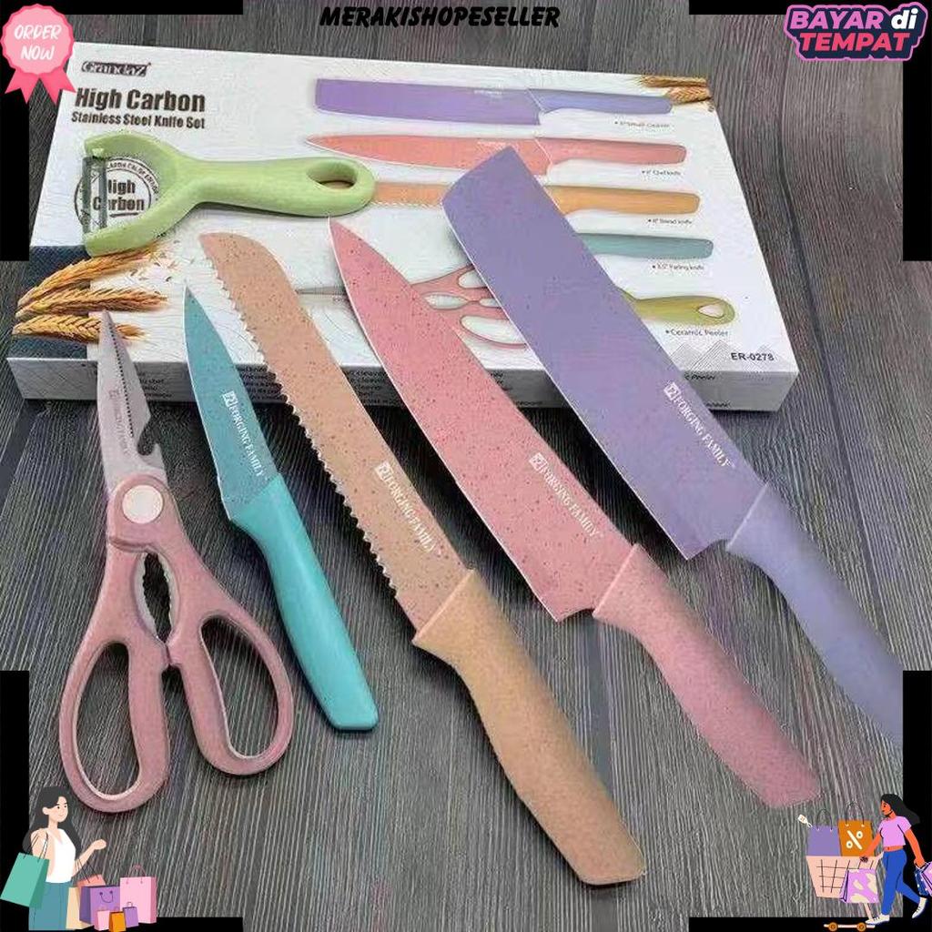 Set Pisau Dapur 6In1 Stainlees Jerami Anti Lengket Pisau Dapur Multifungsi Kitchen Knife Set Gunting