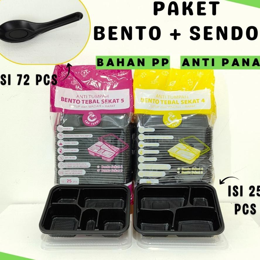 Paket Thinwall Bento Tupai Hitam Sekat 4, Sekat 5 + Sendok Thinwall Bento Hitam / Kotak Bekal Hitam 