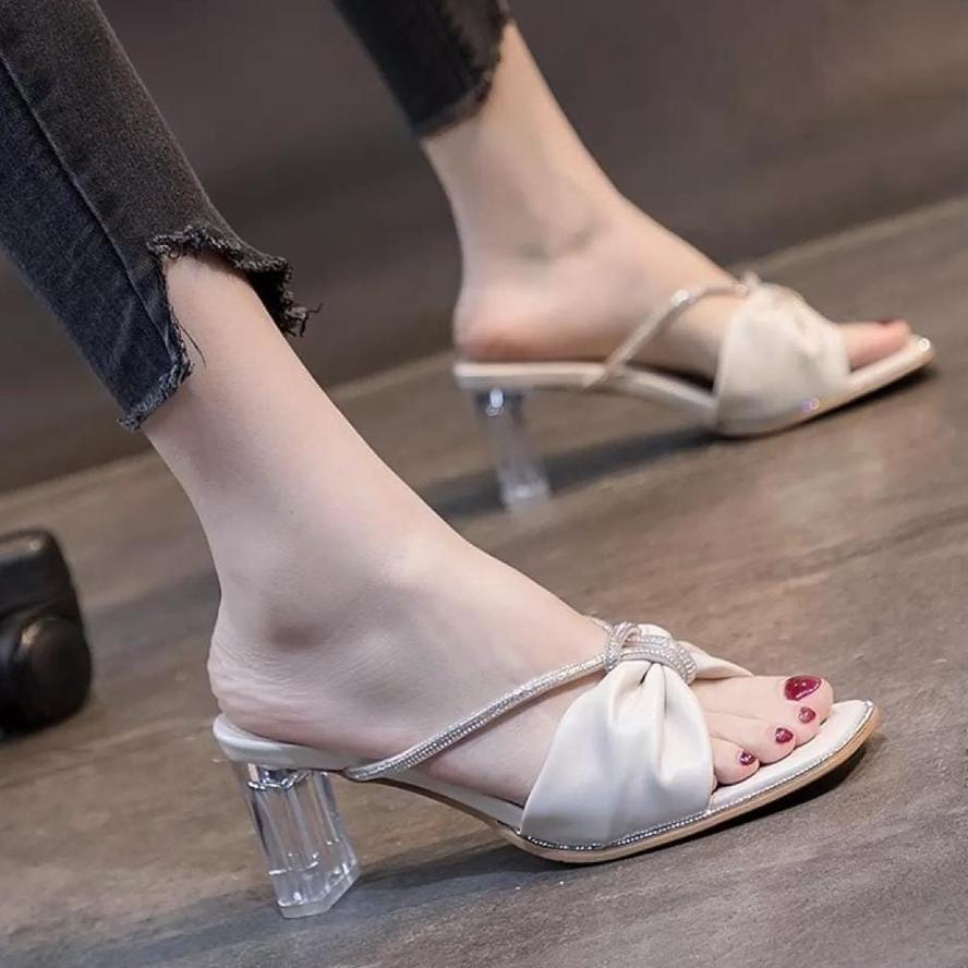 Promo Auroracollections - High Heels Adreena Sandal Wanita Hak Tinggi Sepatu Kaca Kerut Permata Cant