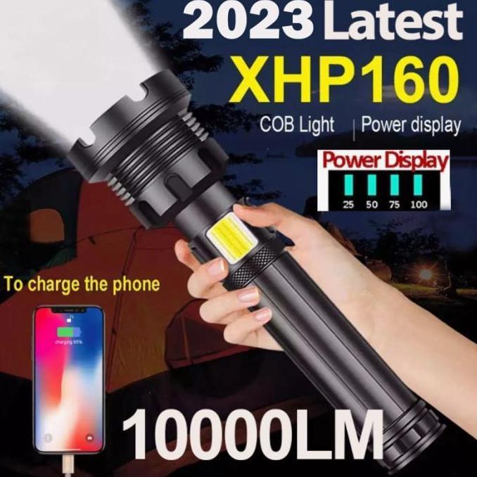Senter Led Super Terang XHP-160 / Lampu Senter Sorot Jarak Jauh / Lampu Emegerncy Multifungsi