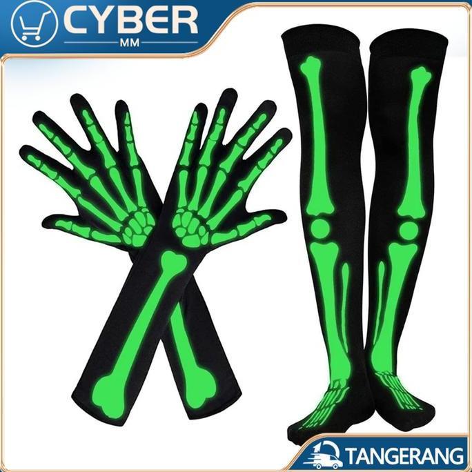 DEFAECO Kaos Kaki Stocking Skull Glow In The Dark Sarung Tangan Tengkorak Skul Luminous Kostum Hallo
