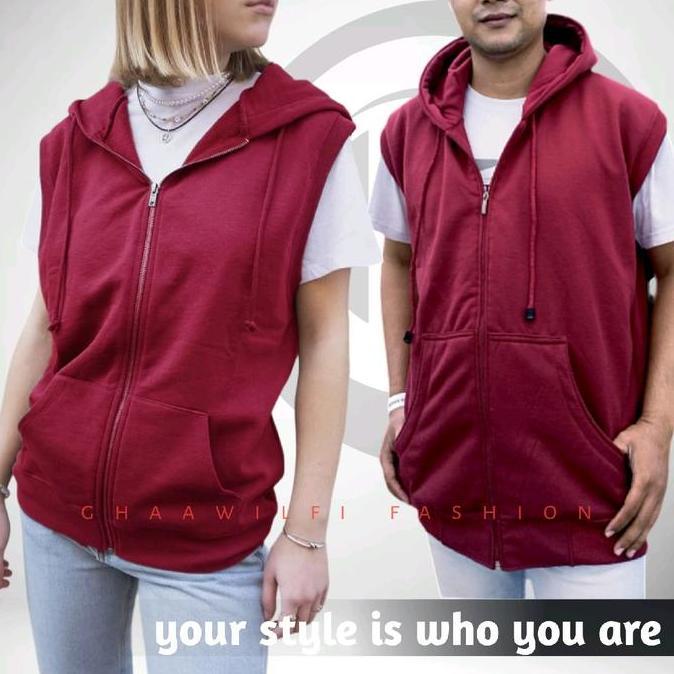 Lansungkirim- Zipper Hoodie Lekbong Sweater Tanpa Lengan Unisex Rompi Santai