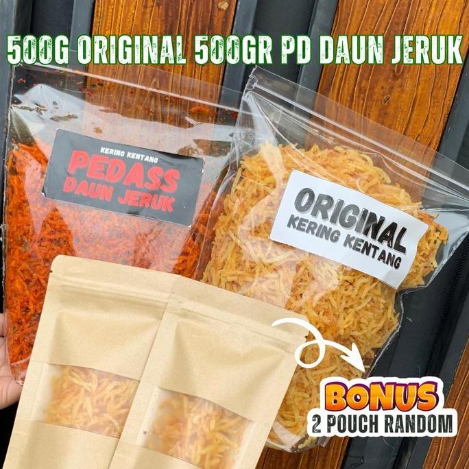 [Bonus 2Pouch Kentang Random] 1 Kg Kering Kentang Mustofa Cemilan Viral Pedas Daun Jeruk Original By