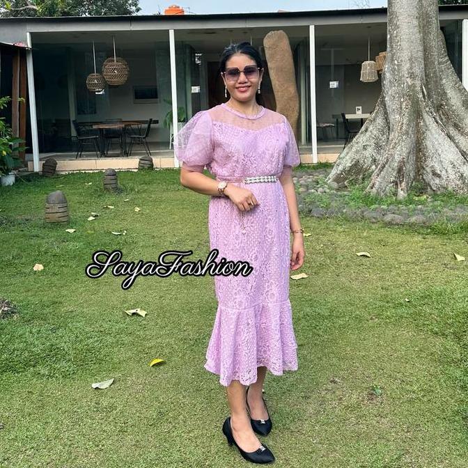 Dress Brukat Duyung Polos Free Belt Mutiara Dress Pesta Mewah Promo Termurah