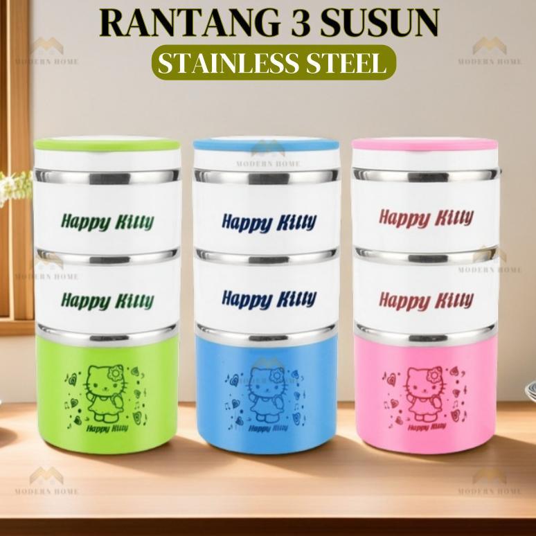 Rantang 3 Susun Hello Kitty 1400 ml Stainless Steel Lunch Box Three Storey Triple Layer Insulated Lu