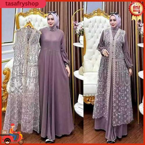 Gamis Brokat Naura Dress 2In1 Busui Wudhu Friendly Inner Ceruty Adem + Outer Brokat Premium Elleova 