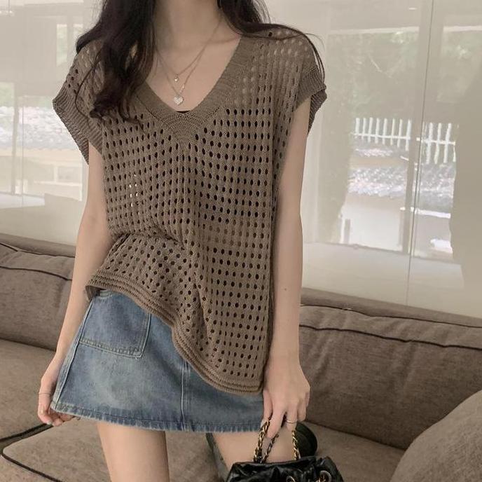 Outer Knit Lengan Bahu Korea Style Hollow Atasan Rajut Wanita Dewasa Jaring Bolong Baju Top Knitwear