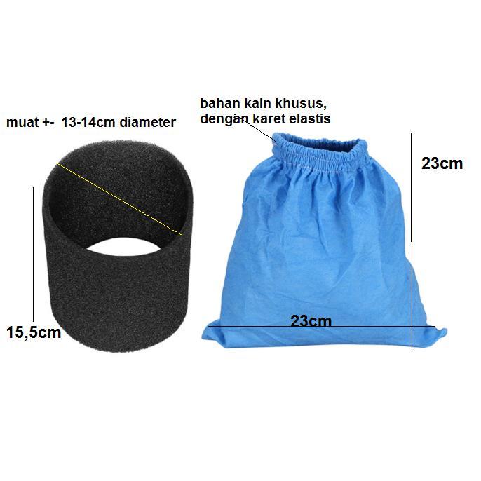 Kantong Filter Vacuum Cleaner Basah Kering Bahan Kain Biru dan Busa Hitam 1 set Vacum Cleaner