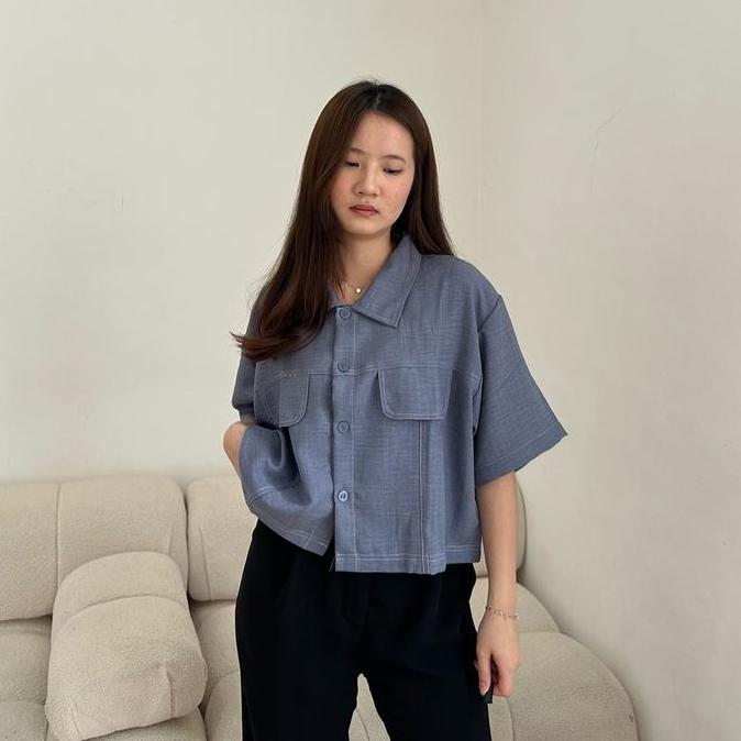 Dami Shirt / Kemeja Crop Oversize List Unisex Baju Linen Panjang Wanita HM