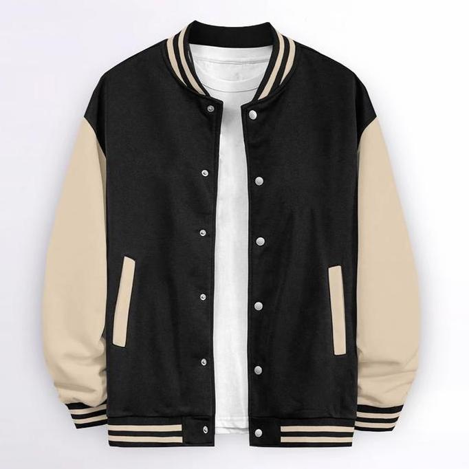 Scaythit - Jaket Varsity Polos Hitam Putih Unisex ( Pria - Wanita ) Remaja Dewasa HM