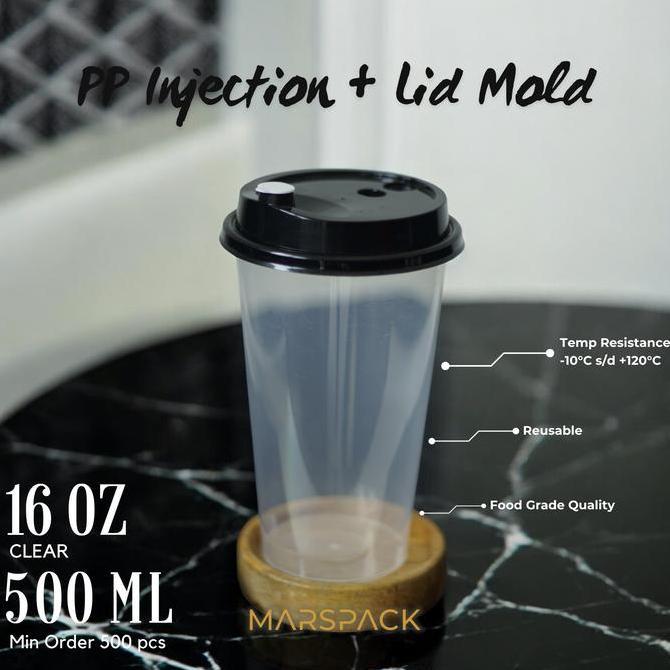 Cup Injection PP 16oz (500ml) & Tutup - Cup Plastik Datar LA