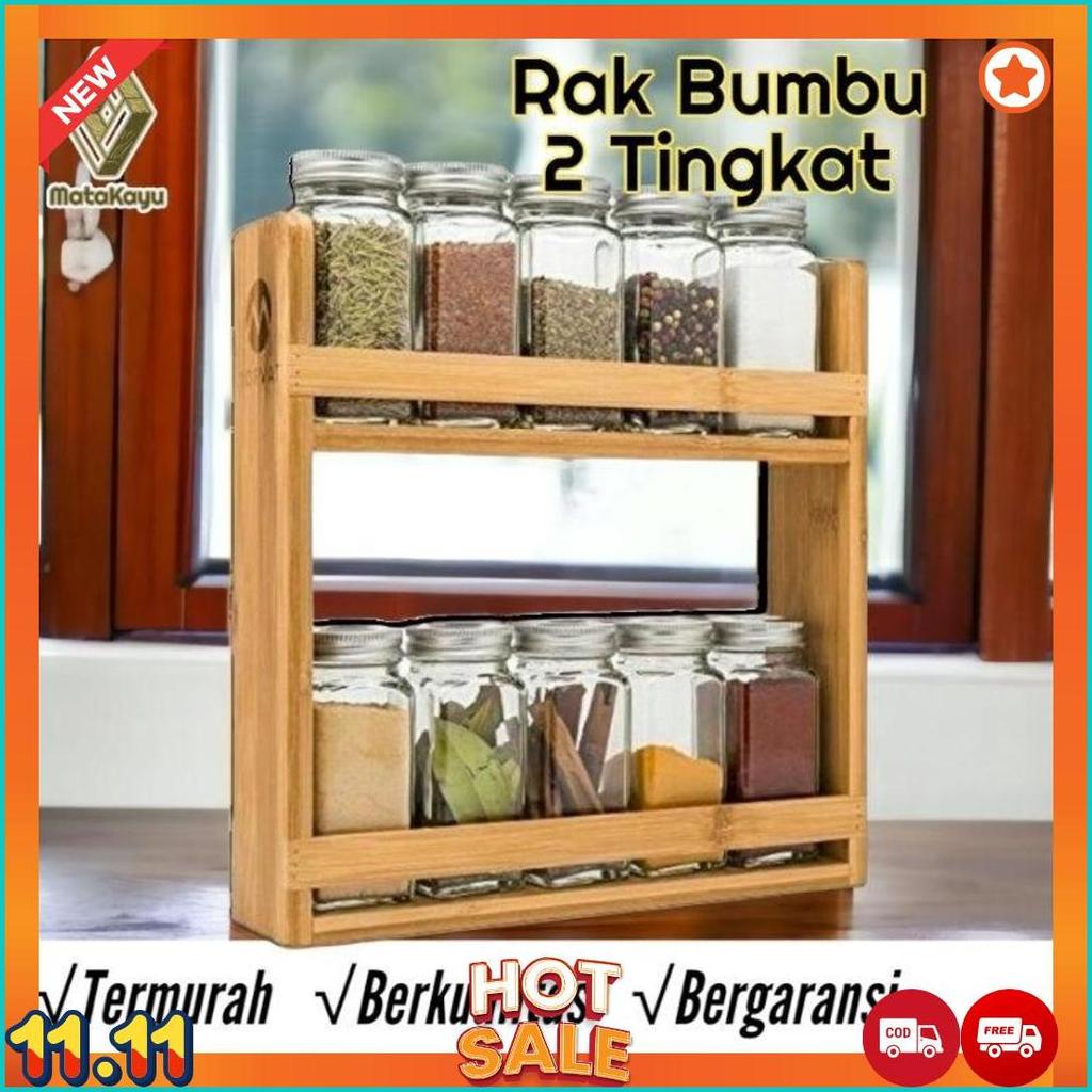 Rak Bumbu Dapur Toples 2 Tingkat Rak Penyimpanan Bumbu Meja Dapur Rak Kayu [M1]