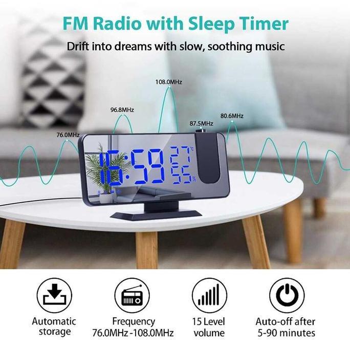 Jam Meja Alarm Cermin Jam Meja Digital Proyektor Temperature FM Radio TF