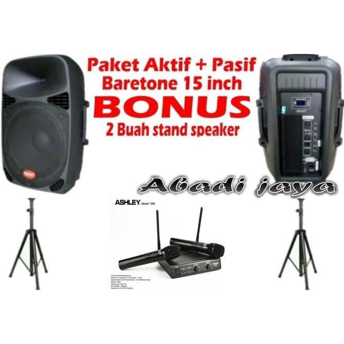 TERLARIS SPEAKER AKTIF + PASIF BARETONE 15INCH 2 BUAH BONUS MIC