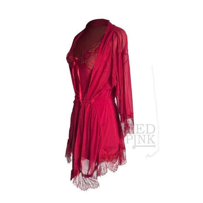 [Red Pink] Kimono Lingerie + Daster  Renda Set Premium Import Lr75 Dress  Wanita Tidur