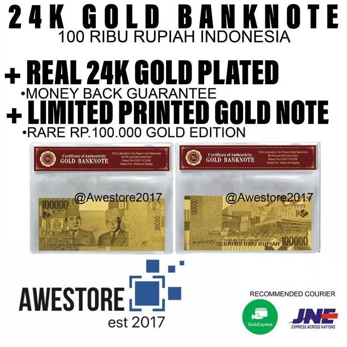 Uang Replika 100.000 Rupiah Lapis Emas 24K Seratus Ribu Gold Plated