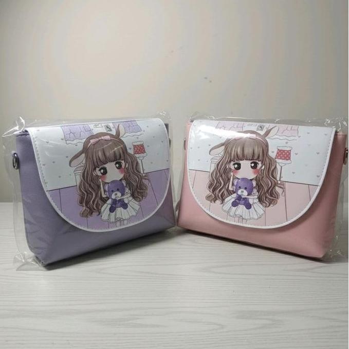 Miniso Tas Selempang Anak Perempuan Karakter Princess Fashion Warna Pink & Lilac Bahan Miniso Tali S